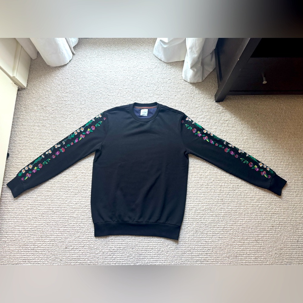 Paul Smith Black Crewneck Sweatshirt – Embroidered Floral Sleeves – Small